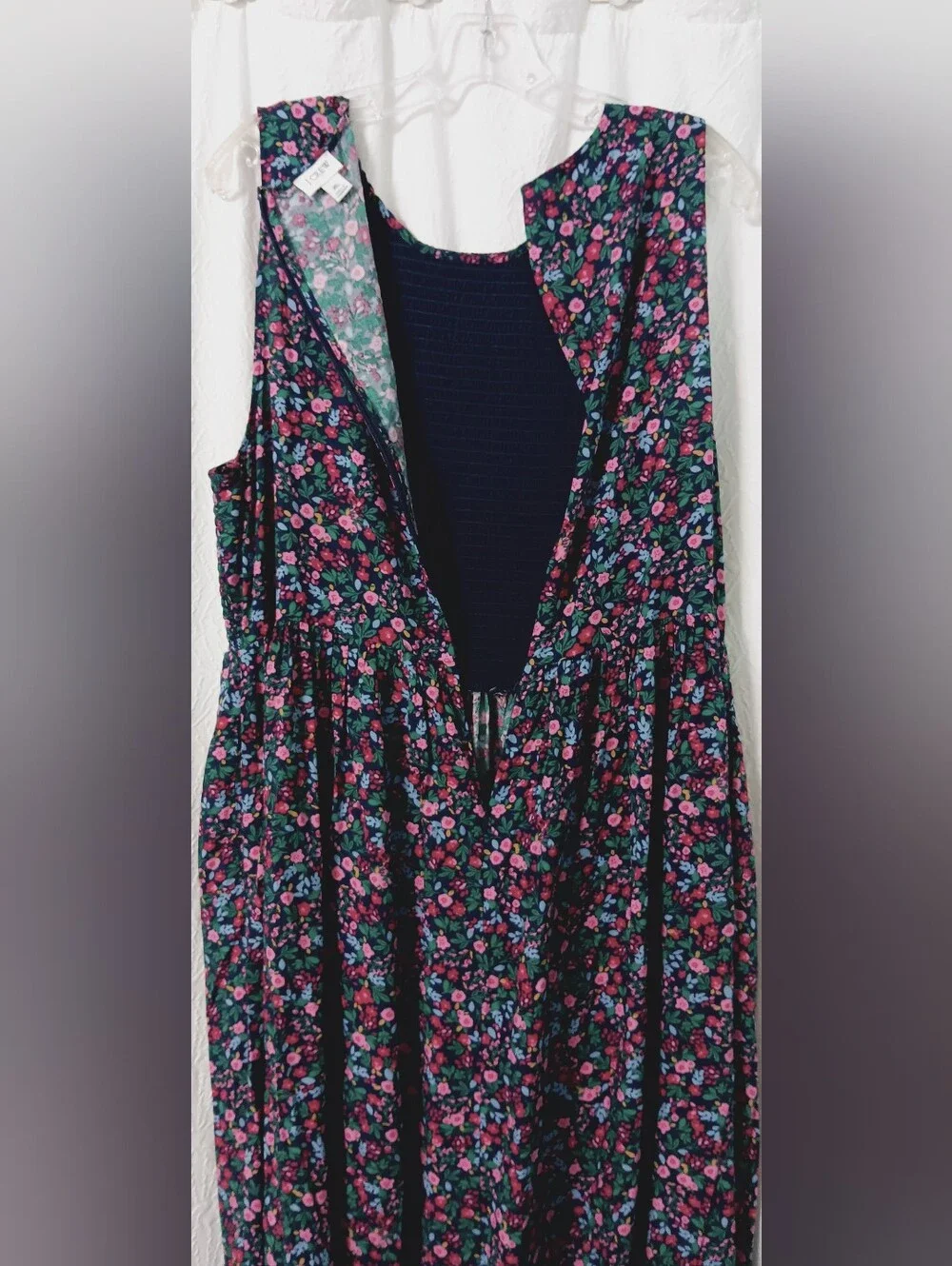 J. CREW Smoked Floral Midi Dress in Navy- Pink-Green Pockets,Zip On Back Size XL